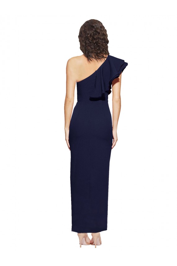 Ruched Floor Length Long Crepe Formal Dress with Shoulder Ruffles