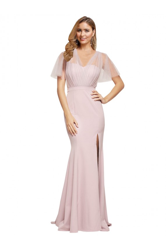 Crepe Long Sweetheart Neckline Formal Dress with Tulle Overlay Shoulders