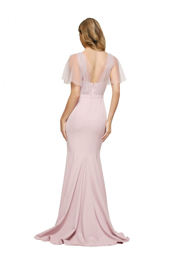 Crepe Long Sweetheart Neckline Formal Dress with Tulle Overlay Shoulders