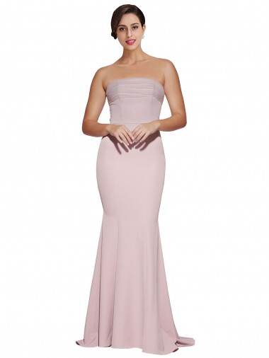 Straight Neck Long Strapless Crepe Formal Dress with Soft Tulle Overlay and Small Train