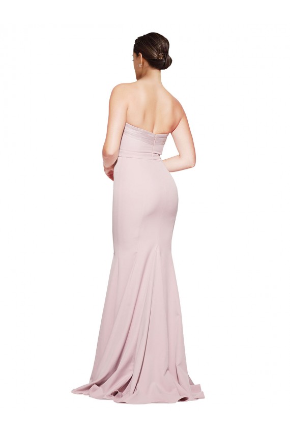 Straight Neck Long Strapless Crepe Formal Dress with Soft Tulle Overlay and Small Train