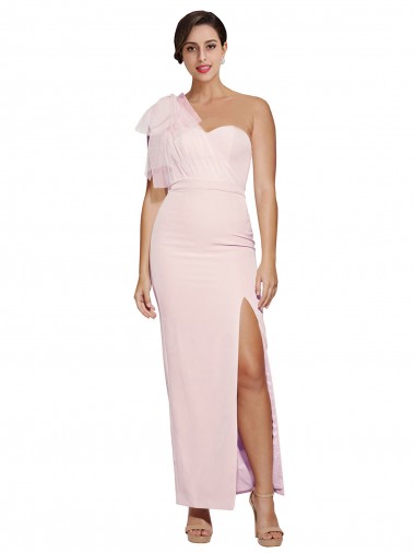 One Shoulder Tulle Overlay Sweetheart Neckline Long Crepe Formal Dress with Thigh Split