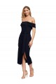Fitted Short Midi Length Off the Shoulder Crepe Cocktail Formal Dress with Side Split and Waist Tie