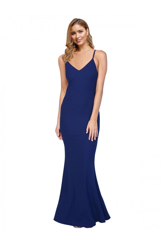 Full Length V-Neckline Crepe Formal Dress with Thin Straps and Fulted Skirt