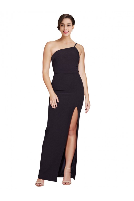 Long Floor Length Crepe Formal Dress with Side Split and One Strap