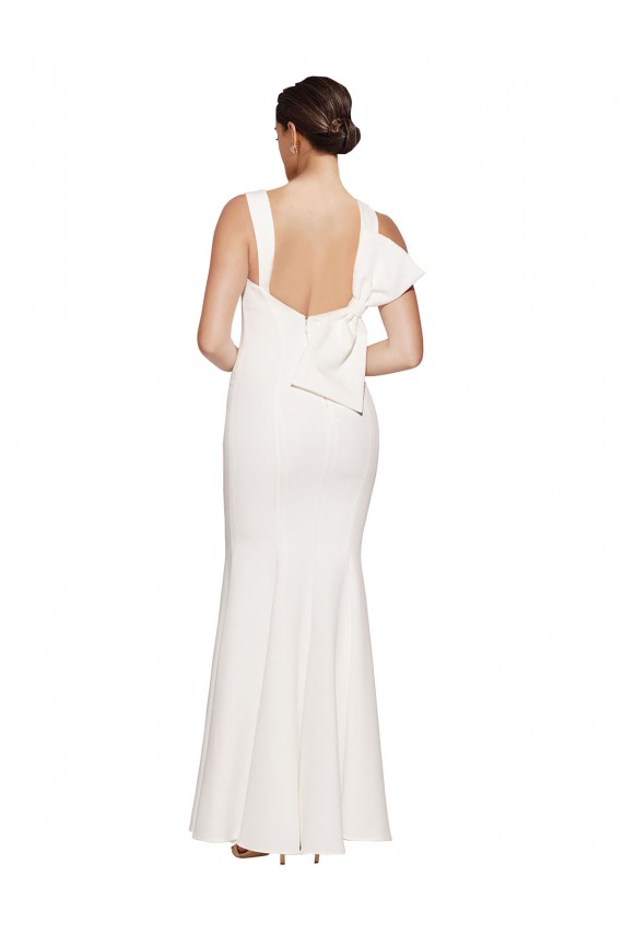 Full Length Square Neck Crepe Formal Dress with Asymmetrical Straps and Bow Back