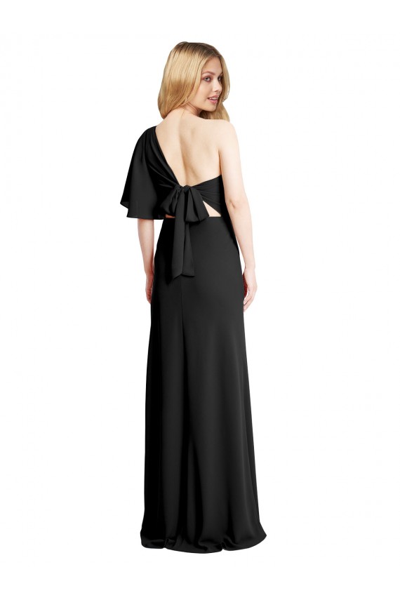 Pleated One Shoulder Flutter Sleeves Slim Crepe Formal Dress