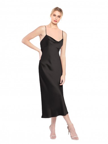 Cowl Neck Midi Length Short Stretch Satin Slip Cocktail Formal Dress