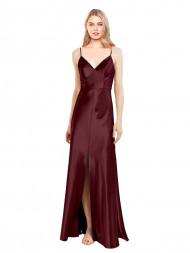 Sleek Spaghetti Straps V-Neck Stretch Satin Formal Dress with Center Front Slit