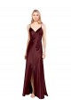 Sleek Spaghetti Straps V-Neck Stretch Satin Formal Dress with Center Front Slit
