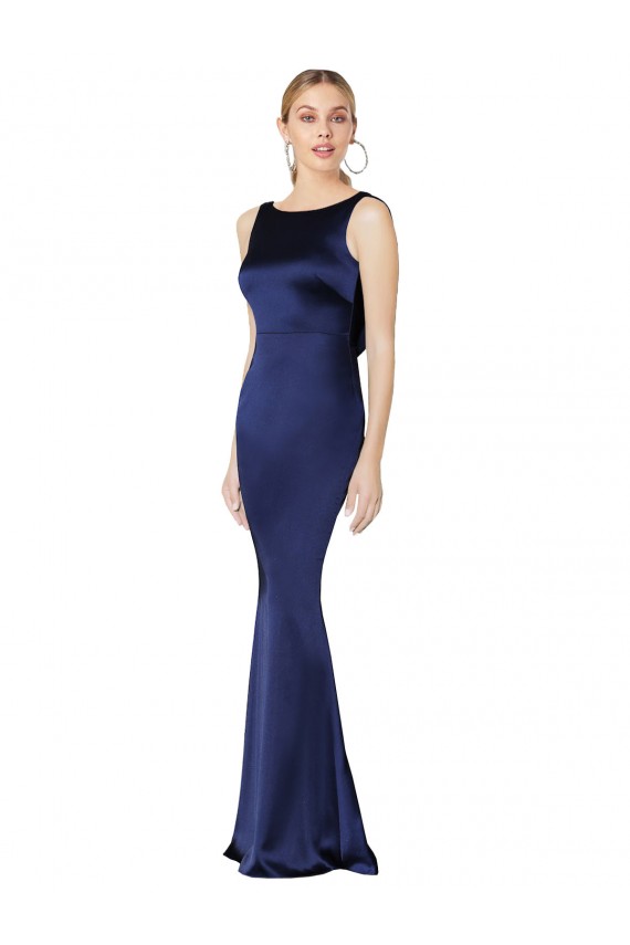 Sheath High Neck Stretch Satin Formal Dress Low Back
