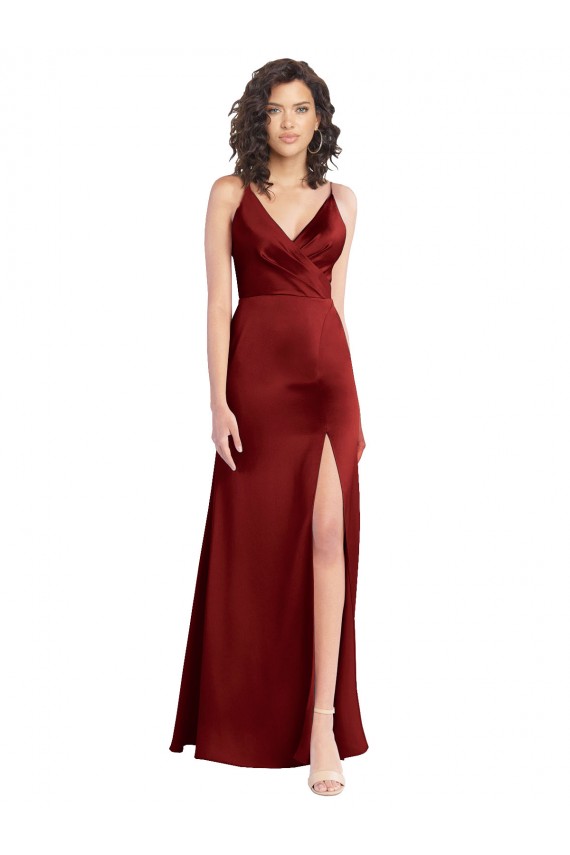 Faux Surplice Neckline Long Slim A-Line Stretch Satin Formal Dress
