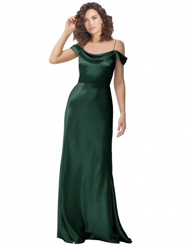 Off the Shoulder Sleeves Long Stretch Satin Formal Dress with Pleated Draped Neckline