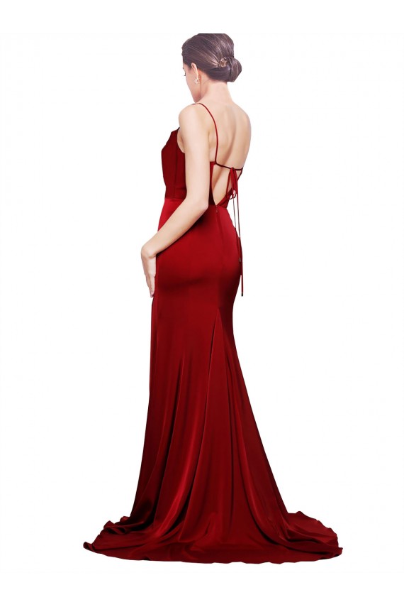 Cowl Front Neck Sweep Train Stretch Satin Formal Dress with High Side Split