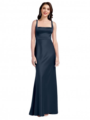 Square Neck A-Line Long Stretch Satin Formal Dress with Wide Straps