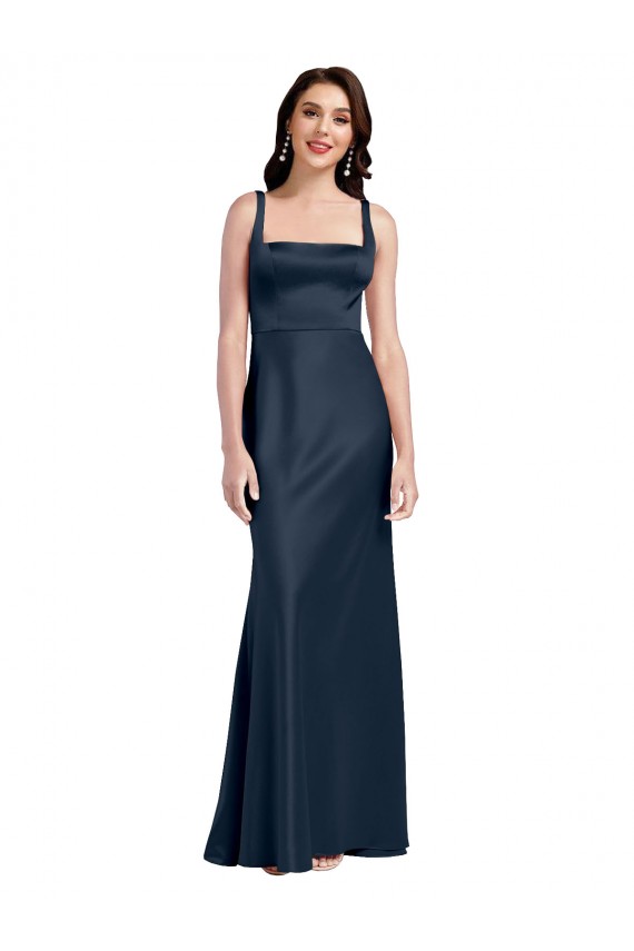 Square Neck A-Line Long Stretch Satin Formal Dress with Wide Straps