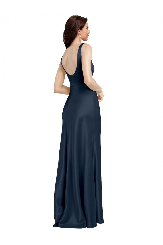 Square Neck A-Line Long Stretch Satin Formal Dress with Wide Straps
