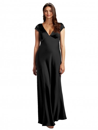 Plunging V-Neck Cap Cleeves Long Stretch Satin Formal Dress with Keyhole Back