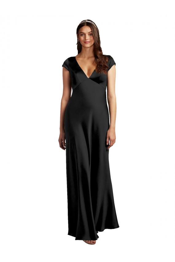 Plunging V-Neck Cap Cleeves Long Stretch Satin Formal Dress with Keyhole Back