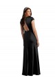 Plunging V-Neck Cap Cleeves Long Stretch Satin Formal Dress with Keyhole Back