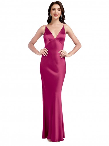 V-Neck Spaghetti Straps Slim Stretch Satin Formal Dress with Low Scoop Back