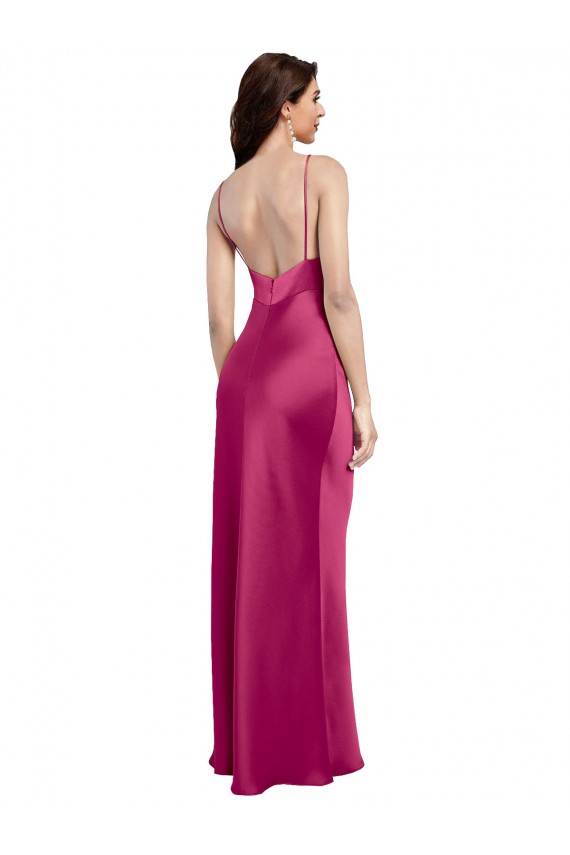 V-Neck Spaghetti Straps Slim Stretch Satin Formal Dress with Low Scoop Back