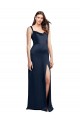 Cowl Neck Soft Long Stretch Satin Formal Dress with Side Slit and Pleated Straps