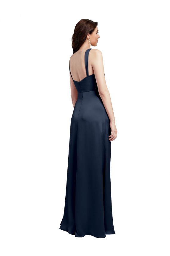 Cowl Neck Soft Long Stretch Satin Formal Dress with Side Slit and Pleated Straps
