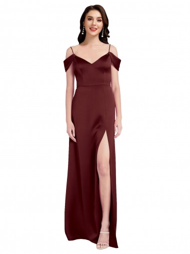 Draped Off the Shoulder Sleeves Slim A-Line Stretch Satin Formal Dress with Side Slit
