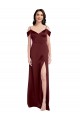 Draped Off the Shoulder Sleeves Slim A-Line Stretch Satin Formal Dress with Side Slit