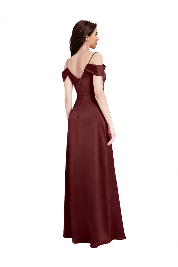 Draped Off the Shoulder Sleeves Slim A-Line Stretch Satin Formal Dress with Side Slit