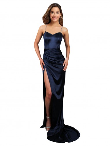 Pleated Sash Skirt Long Stretch Satin Formal Dress with High Slit