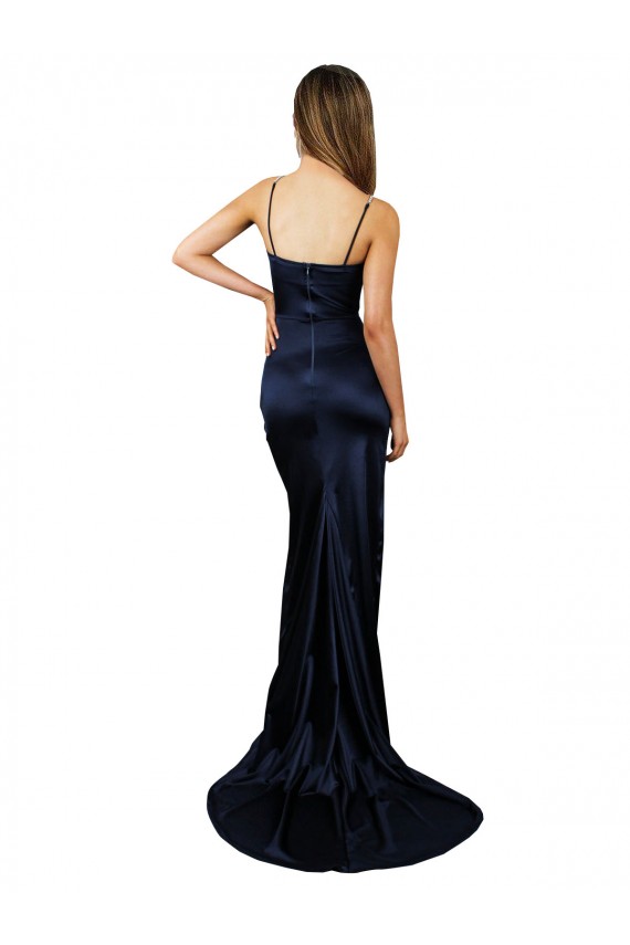 Pleated Sash Skirt Long Stretch Satin Formal Dress with High Slit