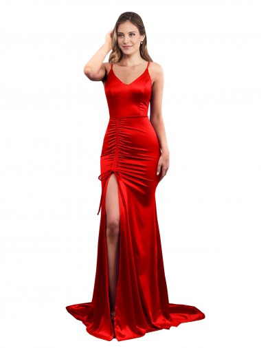 Long Pleated Stretch Satin Formal Dress with High Slit