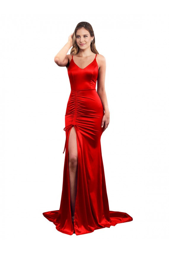 Long Pleated Stretch Satin Formal Dress with High Slit