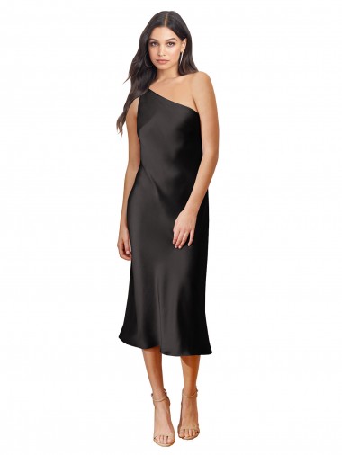 Sleek One Shoulder Midi Length Short Stretch Satin Slip Cocktail Formal Dress