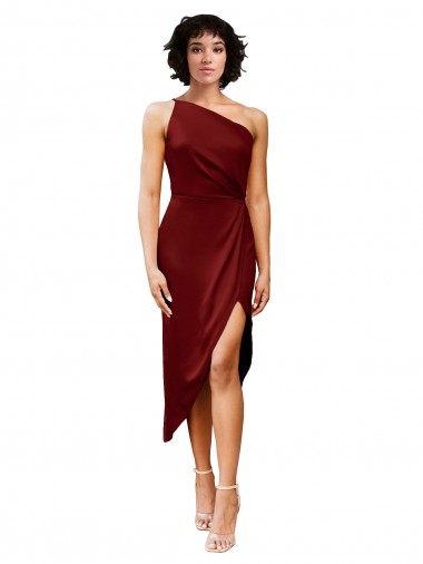 One Shoulder Midi Length Short Stretch Satin Wrap Style Cocktail Formal Dress