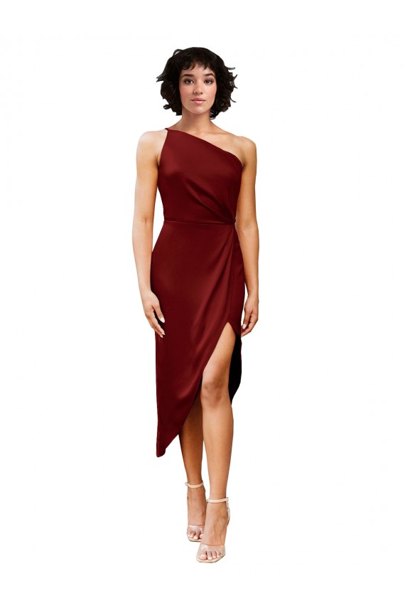 One Shoulder Midi Length Short Stretch Satin Wrap Style Cocktail Formal Dress