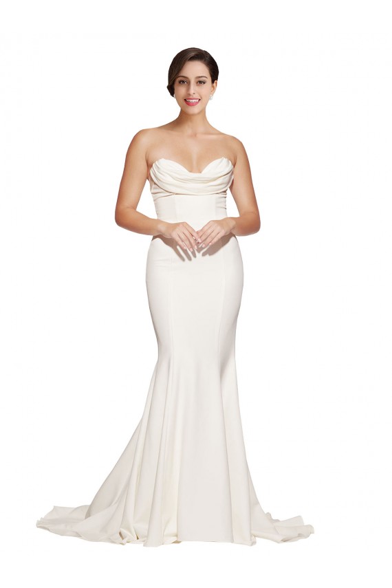 Strapless Cowl Neck Sweep Train Stretch Satin Formal Dress