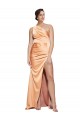 One Shoulder Ruched Stretch Satin Formal Dress with Thigh High Split