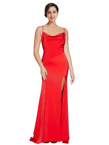 Low Back Cowl Neck Stretch Satin Formal Dress with High Side Slit