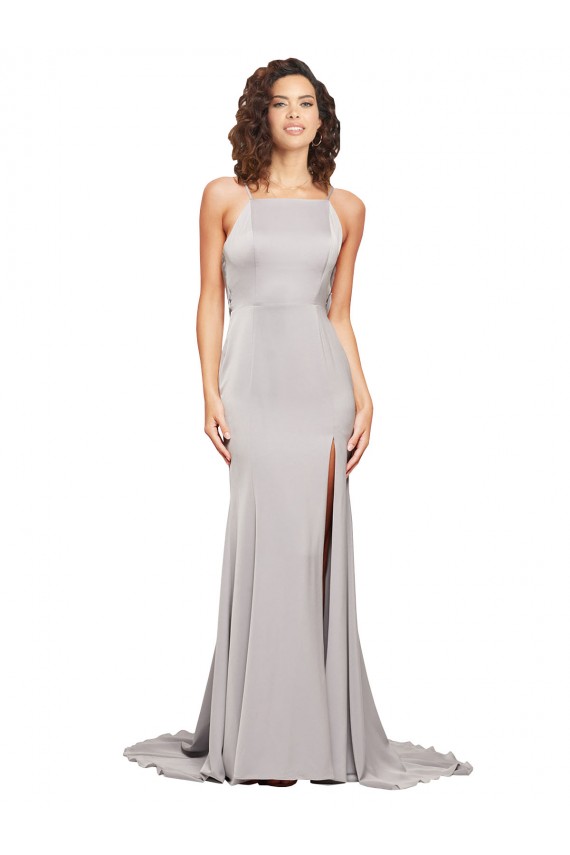 High Neck Low Back Long Full Length Stretch Satin Formal Dress