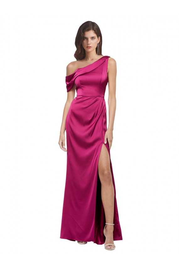 Off the Shoulder Short Sleeves Stretch Satin Formal Dress with Side Slit
