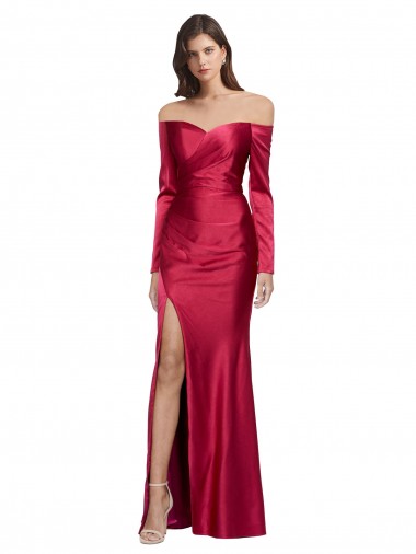 Long Sleeves Off the Shoulder Stretch Satin Formal Dress with High Side Split