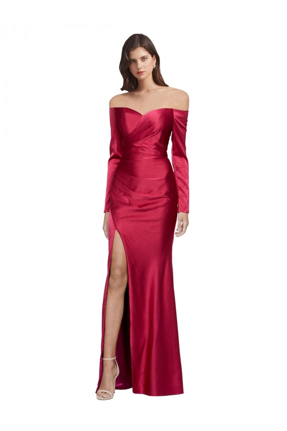 Long Sleeves Off the Shoulder Stretch Satin Formal Dress with High Side Split