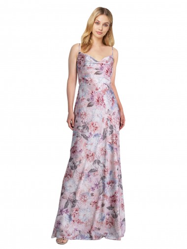 Draped Cowl Neck Long Printed Stretch Satin Formal Dress