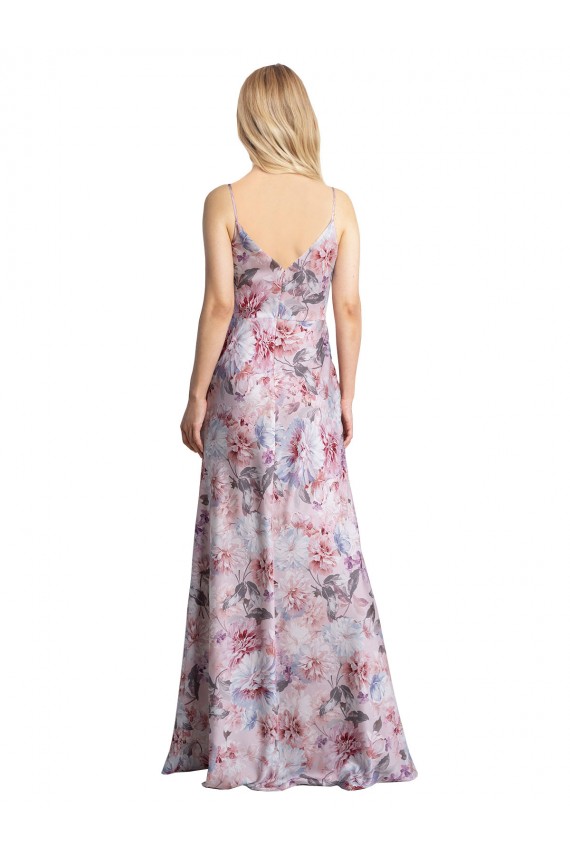 Draped Cowl Neck Long Printed Stretch Satin Formal Dress