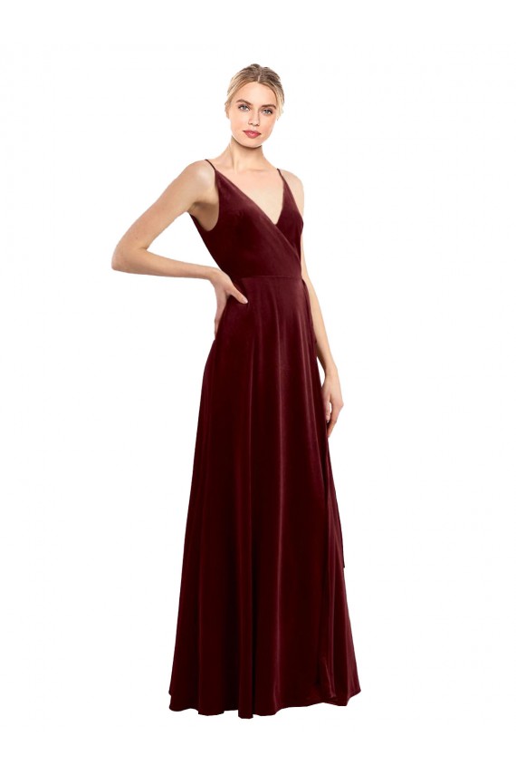 Faux Wrap V-Neck Sleek Long Velvet Formal Dress