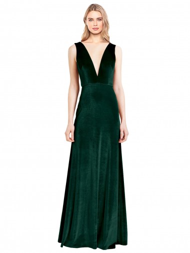 Daring Deep V-Neck Long Full Length Velvet Formal Dress