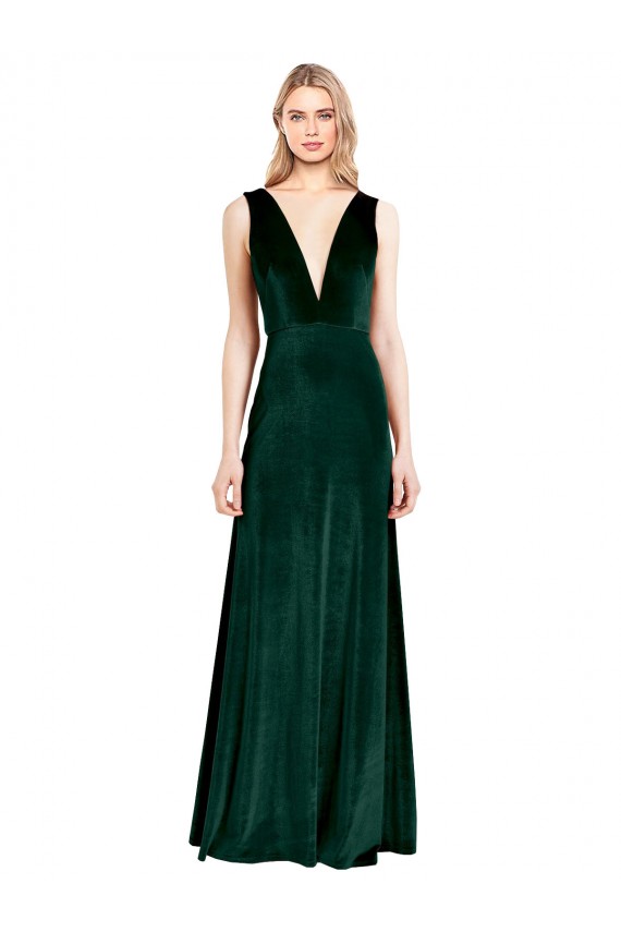 Daring Deep V-Neck Long Full Length Velvet Formal Dress